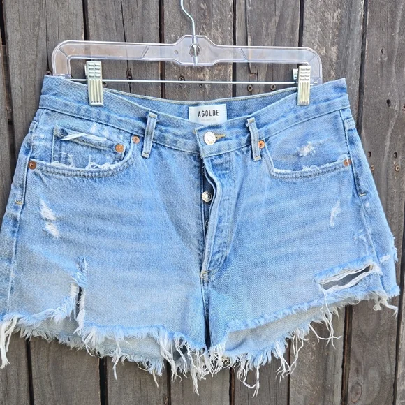 Agolde Light Wash Distressed Denim Parker Shorts Size 29 - Picture 4 of 9